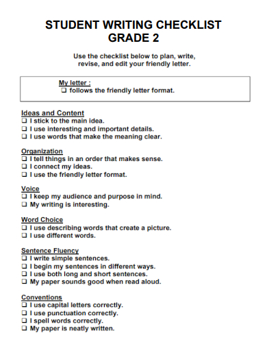 sample student writing checklist grade 2 template