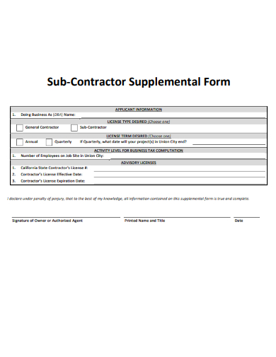 sample sub contractor supplemental form template