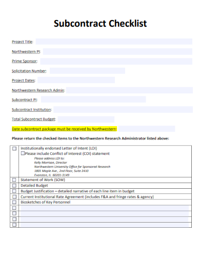 sample subcontract checklist formal template