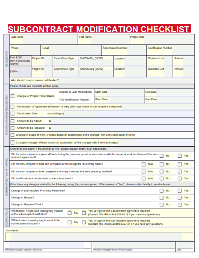sample subcontract modification checklist template