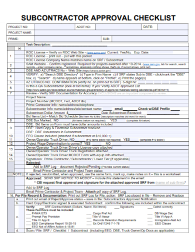 sample subcontractor approval checklist template