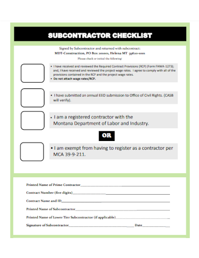 sample subcontractor checklist basic template