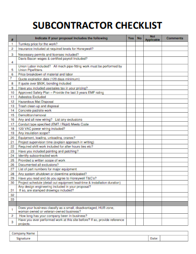 sample subcontractor checklist blank template