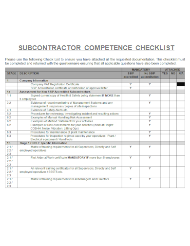 sample subcontractor competence checklist template