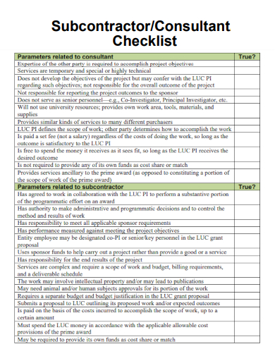 sample subcontractor consultant checklist template