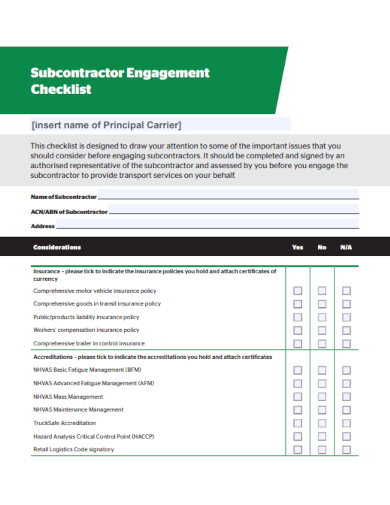 sample subcontractor engagement checklist template
