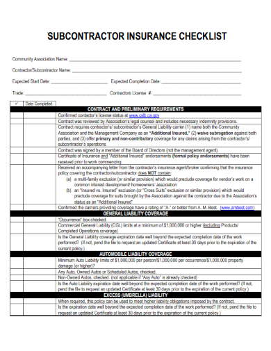 sample subcontractor insurance checklist template