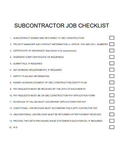 sample subcontractor job checklist template