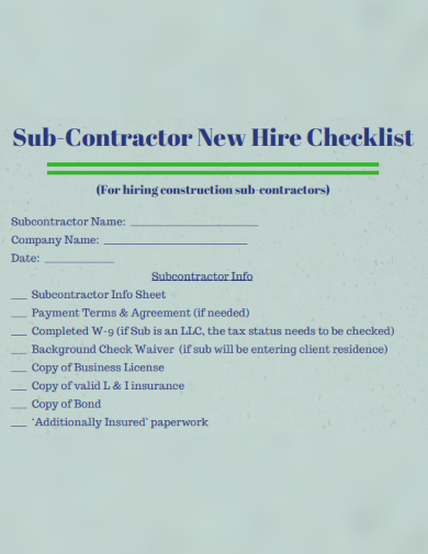 sample subcontractor new hire checklist template