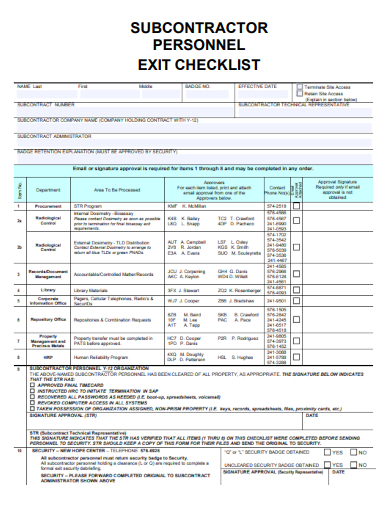 sample subcontractor personnel exit checklist template