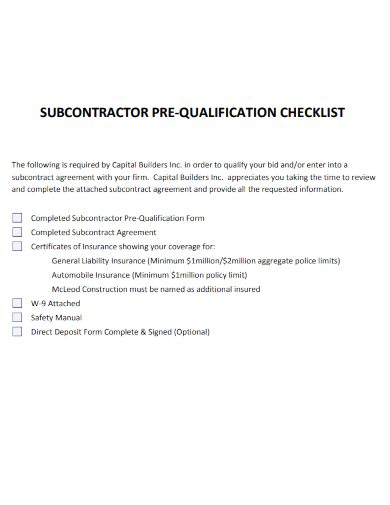 sample subcontractor pre qualification checklist template
