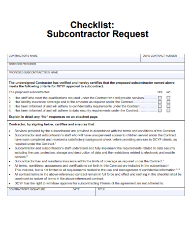 sample subcontractor request checklist template