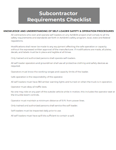 sample subcontractor requirements checklist template