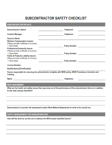 sample subcontractor safety checklist template