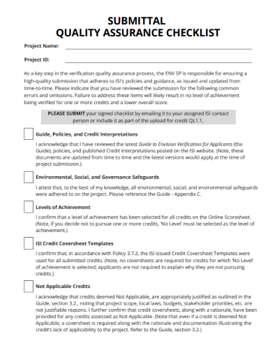 sample submittal quality assurance checklist template