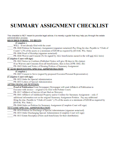 sample summary assignment checklist template