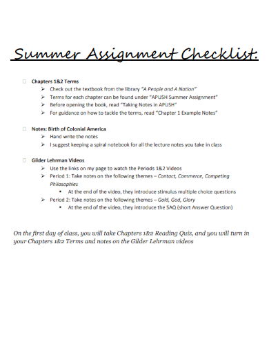 sample summer assignment checklist template