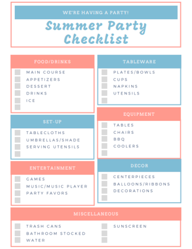 sample summer party checklist template