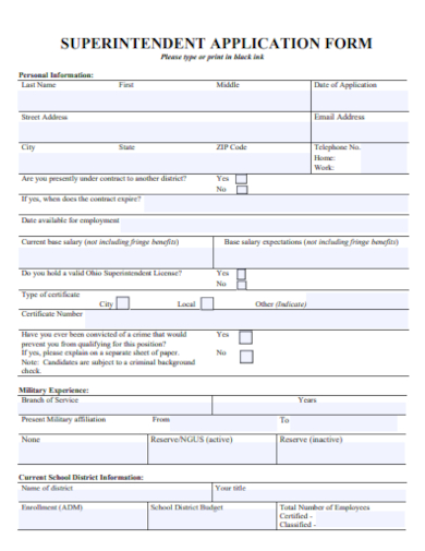 sample superintendent application form template
