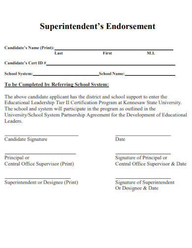 sample superintendent endorsement form template