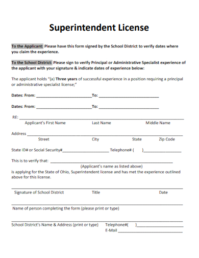 sample superintendent license form template