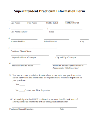sample superintendent practicum information form template