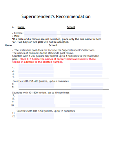 sample superintendent recommendation form template