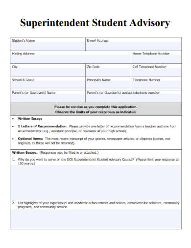 sample superintendent student advisory form template