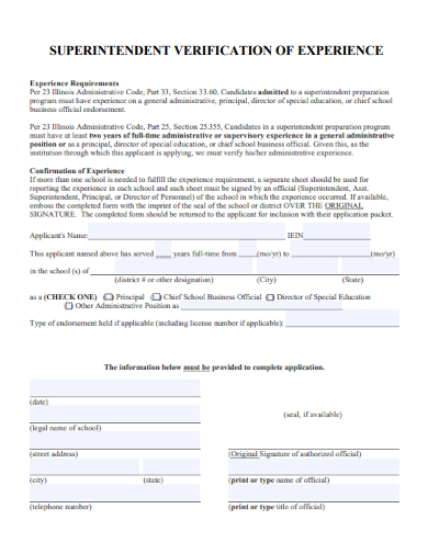 sample superintendent verification of experience form template