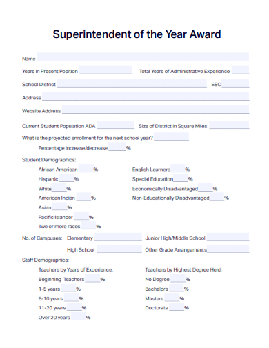sample superintendent of the year award form template