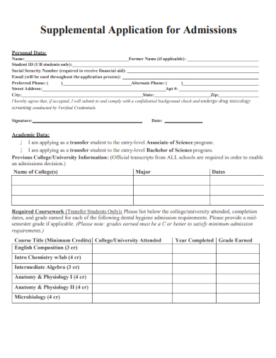 sample supplemental application for admissions template