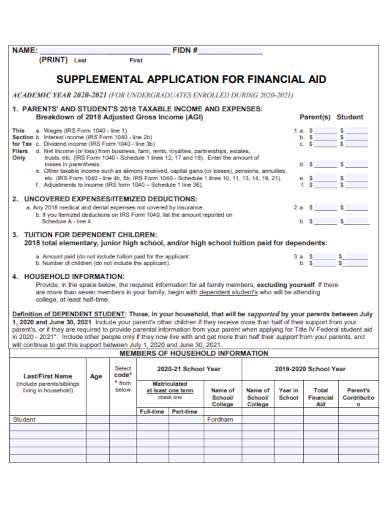 sample supplemental application for financial aid template