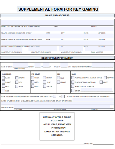 sample supplemental form for key gaming template
