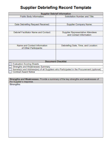 sample supplier debriefing record template