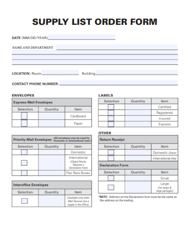 sample supply list order form template