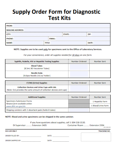 sample supply order form for diagnostic test kits template
