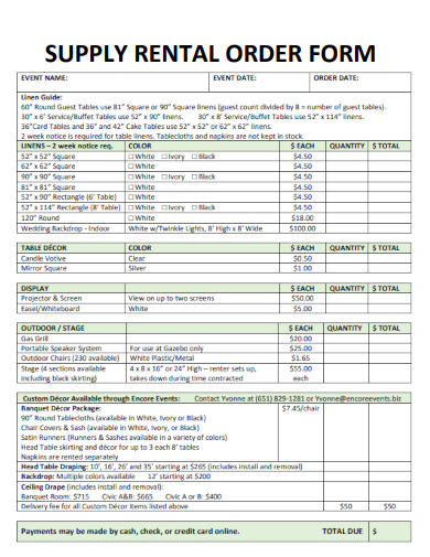 sample supply rental order form template