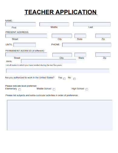 sample teacher application blank template