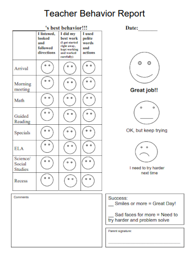 sample teacher behavior report template