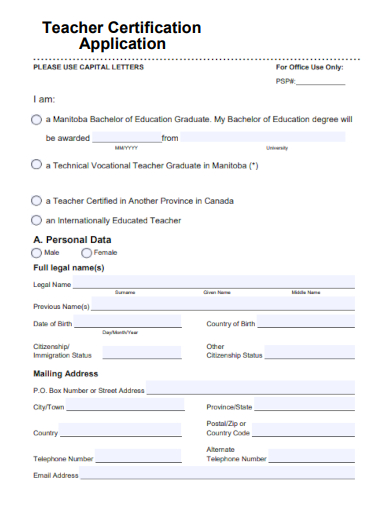 sample teacher certification application template