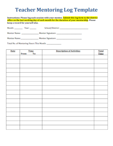 sample teacher mentoring log form template