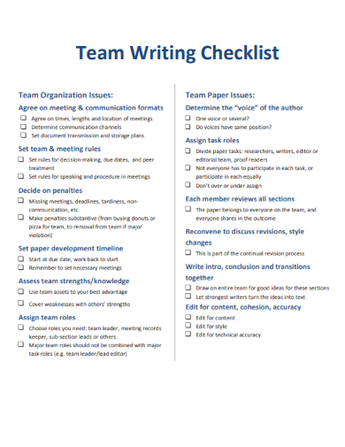 sample team writing checklist template