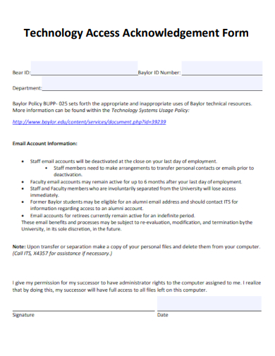 sample technology access acknowledgement form template
