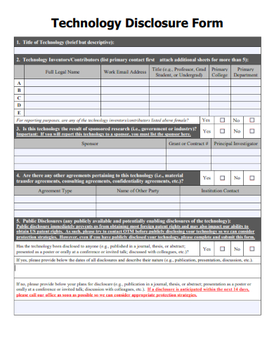 sample technology disclosure form template