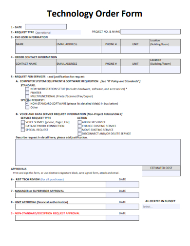 sample technology order form template