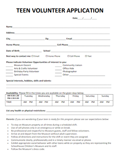sample teen volunteer application form template