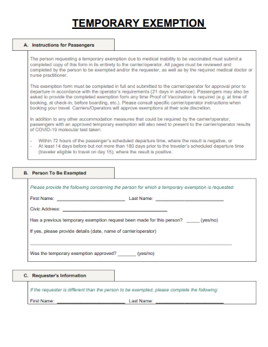 sample temporary exemption form template