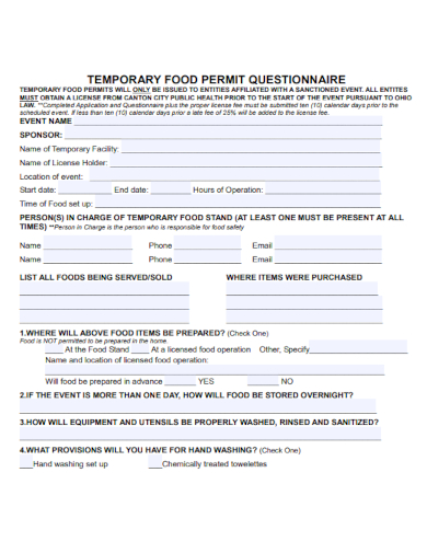 sample temporary food permit questionnaire templates