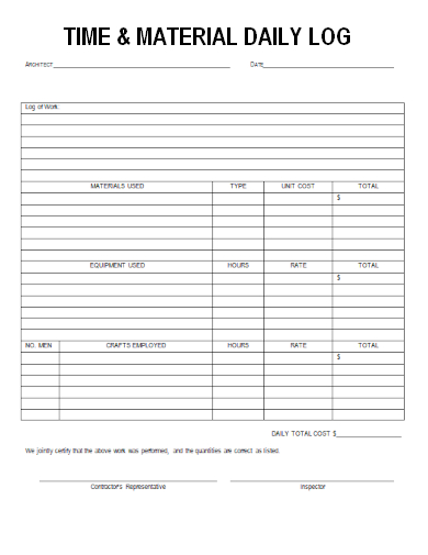 sample time material daily log form template