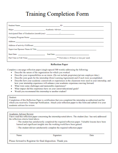 sample training completion form template